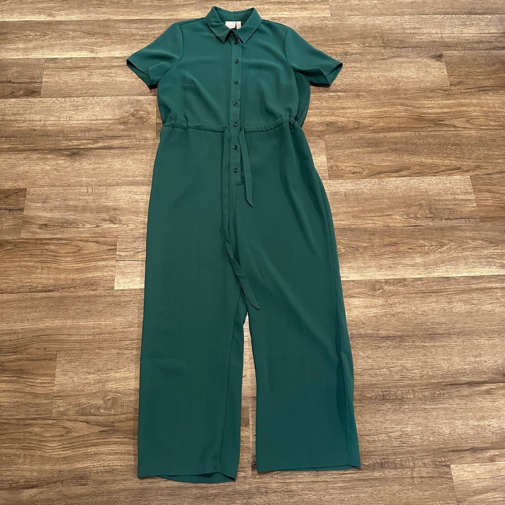 ASOS Green Short Sleeve Jumpsuit Women 6 Collared Button Wide Leg Tie Waist Work